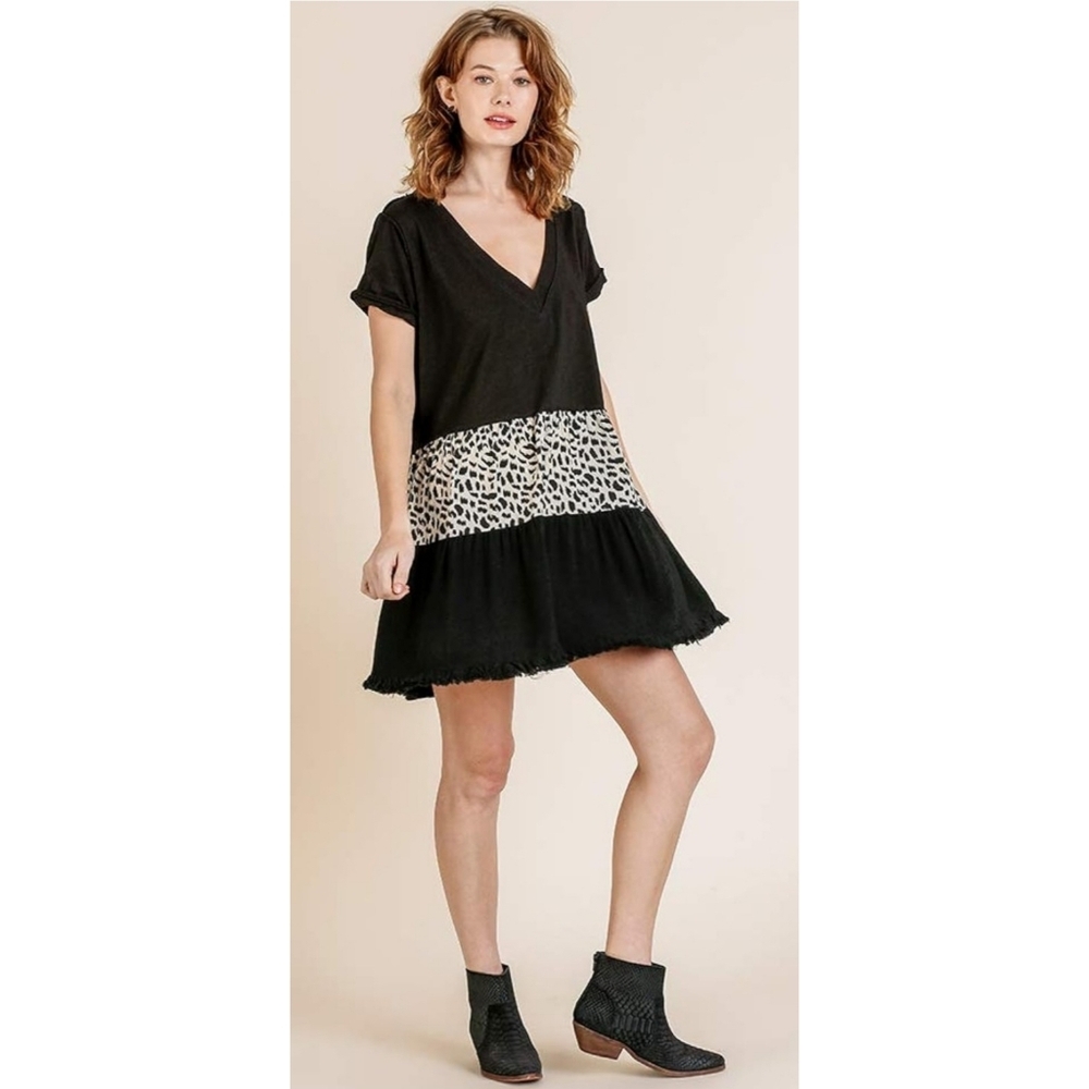 Umgee Animal & Ruffle Tiered Mini dress Black Size M